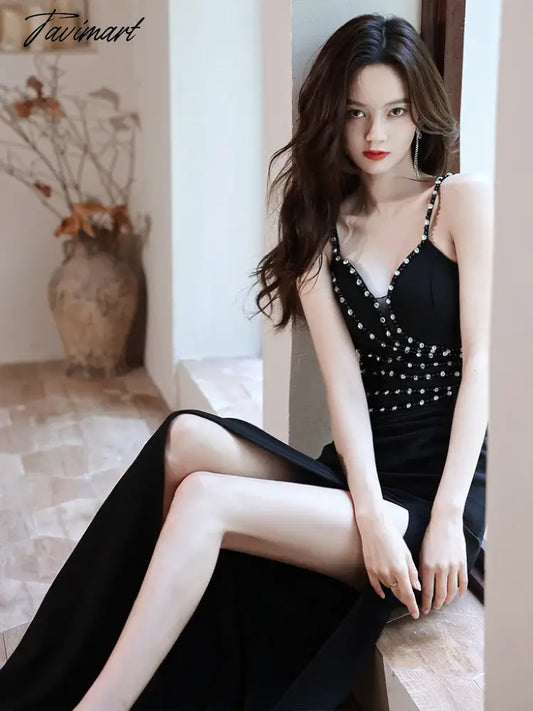 TAVIMART  -  Black Crystal Celebrity Dresses High Split White Spaghetti Strap Host Luxury Burgundy White Vintage Sexy Cocktail Evening Gowns
